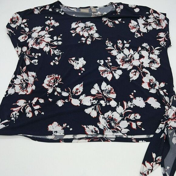 CHICO'S Cap Sleeve Stretchy Floral Side-Tie Top 2/L Navy Red - Picture 1 of 4